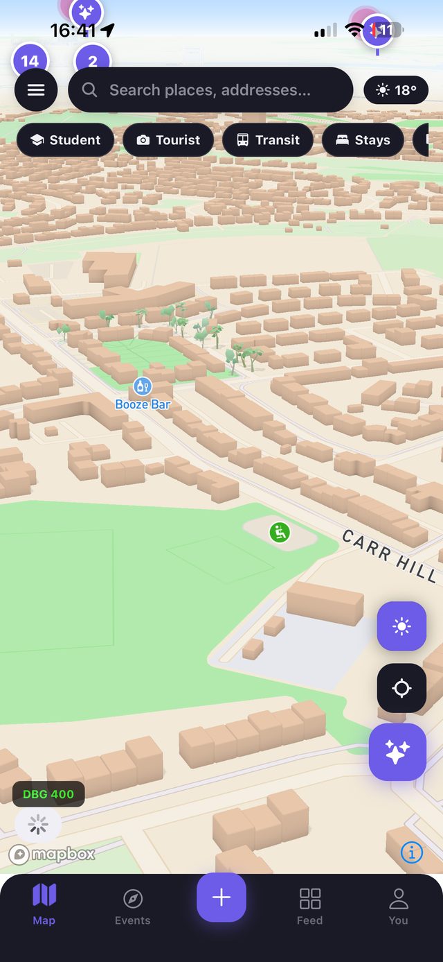 Roami 3D map showing nearby places